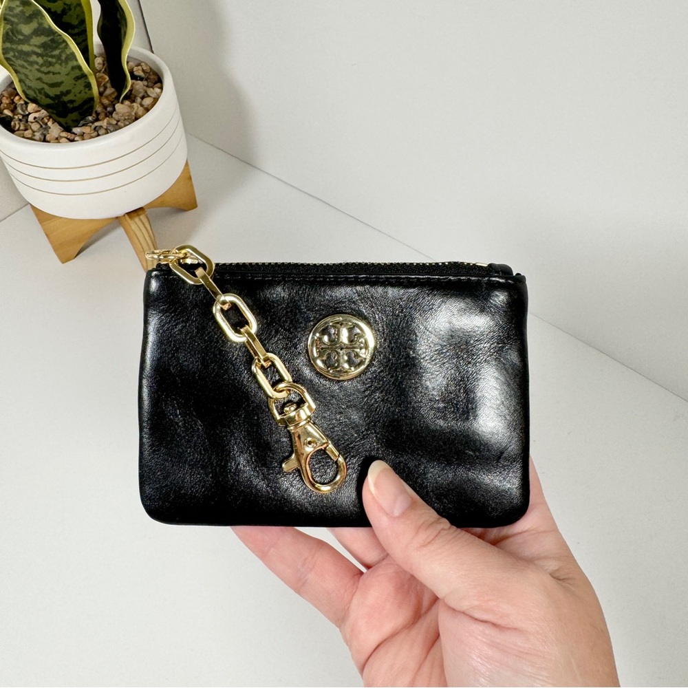 Tory Burch Dena Zip Pouch Leather Coin Purse Card Key Holder Wallet Black